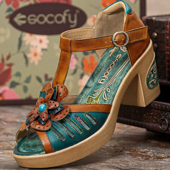 Genuine Leather Retro Three dimensional Flower Comfy Breathable Hollow Heeled Sandals Genuine Leather Retro Three dimensional Flower Comfy Breathable Hollow Heeled Sandals