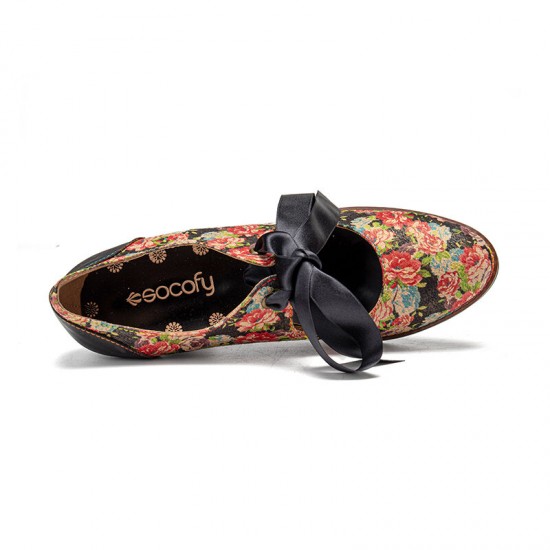 SOCOFY Women Elegant Graceful Little Flowers Printed Comfy Wearable Lace Up Stitching Chunky Heel Pumps SOCOFY Women Elegant Graceful Little Flowers Printed Comfy Wearable Lace Up Stitching Chunky Heel Pumps
