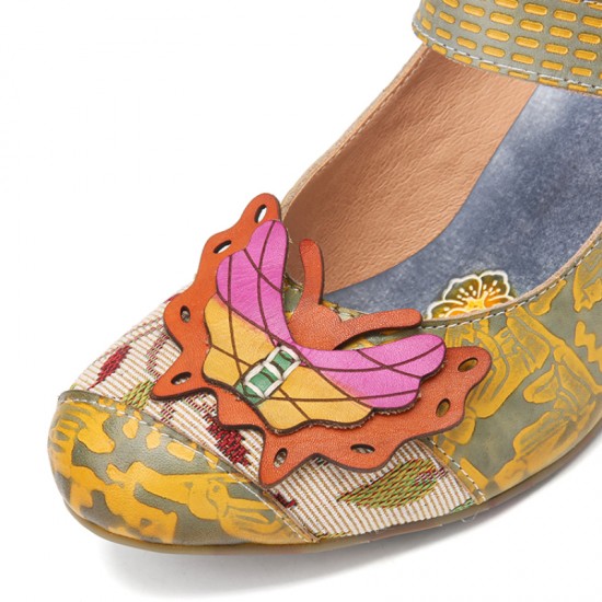SOCOFY Butterfly Deocr Printed Cowhide Leather Hook Loop Comfy Wearable Chunky Heel Pumps SOCOFY Butterfly Deocr Printed Cowhide Leather Hook Loop Comfy Wearable Chunky Heel Pumps