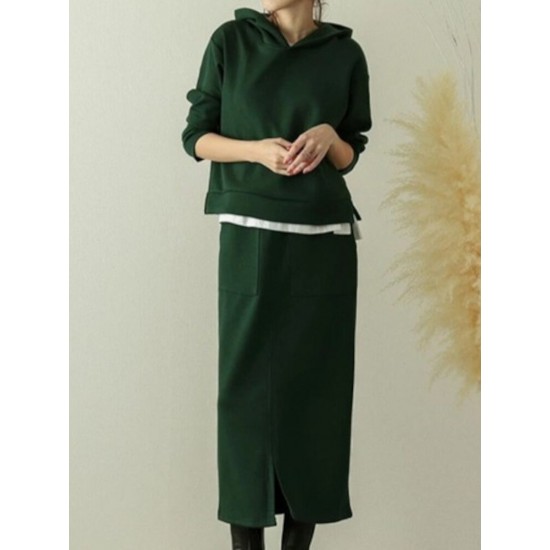 Women Sweatshirt Hooded Solid Side Pocket Calf Length Two Piece Sets Women Sweatshirt Hooded Solid Side Pocket Calf Length Two Piece Sets