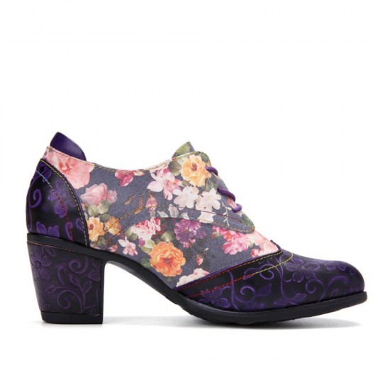 Women Retro Floral Printing Leather Splicing Soft Comfy Sculpted Chunky Heels Women Retro Floral Printing Leather Splicing Soft Comfy Sculpted Chunky Heels