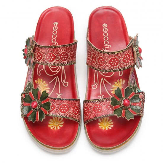 Genuine Leather Comfy Beach Vacation Bohemian Ethnic Floral Hook Loop Outdoor Wedges Sandals Genuine Leather Comfy Beach Vacation Bohemian Ethnic Floral Hook Loop Outdoor Wedges Sandals