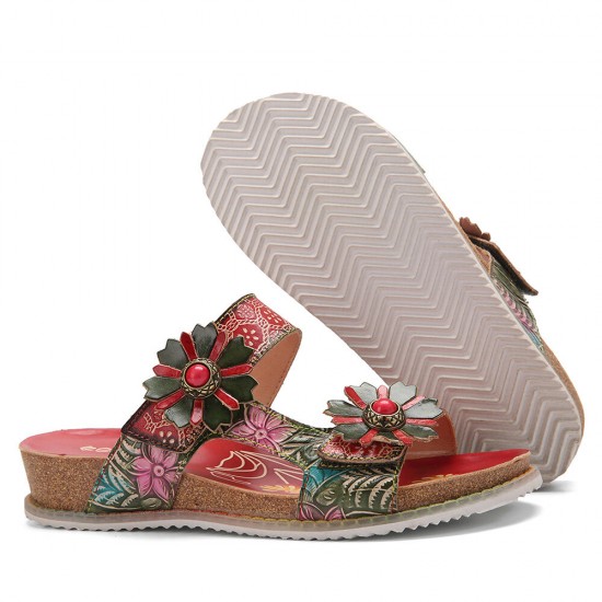 Genuine Leather Comfy Beach Vacation Bohemian Ethnic Floral Hook Loop Outdoor Wedges Sandals Genuine Leather Comfy Beach Vacation Bohemian Ethnic Floral Hook Loop Outdoor Wedges Sandals