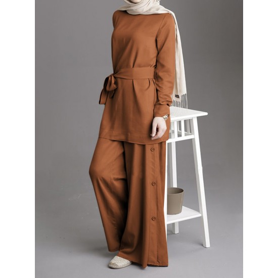 Women Solid Color Belted Blouse Button Loose Pants Two Piece Casual Set Women Solid Color Belted Blouse Button Loose Pants Two Piece Casual Set
