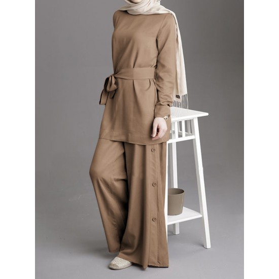 Women Solid Color Belted Blouse Button Loose Pants Two Piece Casual Set Women Solid Color Belted Blouse Button Loose Pants Two Piece Casual Set