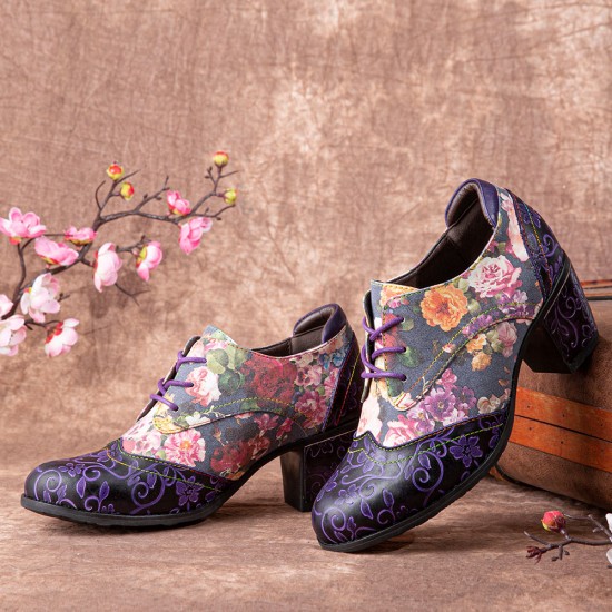 Women Retro Floral Printing Leather Splicing Soft Comfy Sculpted Chunky Heels Women Retro Floral Printing Leather Splicing Soft Comfy Sculpted Chunky Heels