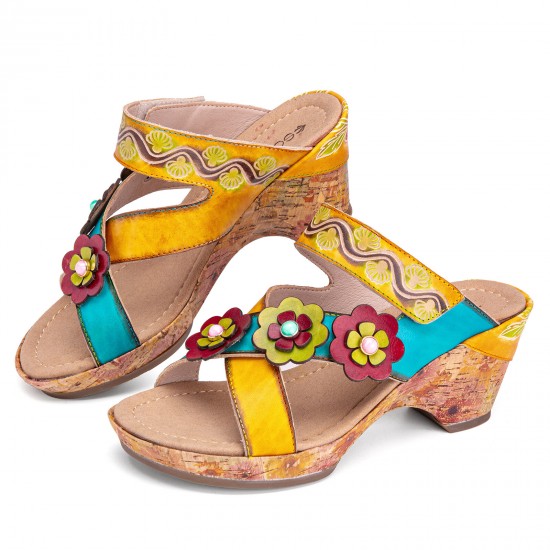 Casual Leather Floral Woodgrain Backless Comfy Chunky Heel Sandals Casual Leather Floral Woodgrain Backless Comfy Chunky Heel Sandals