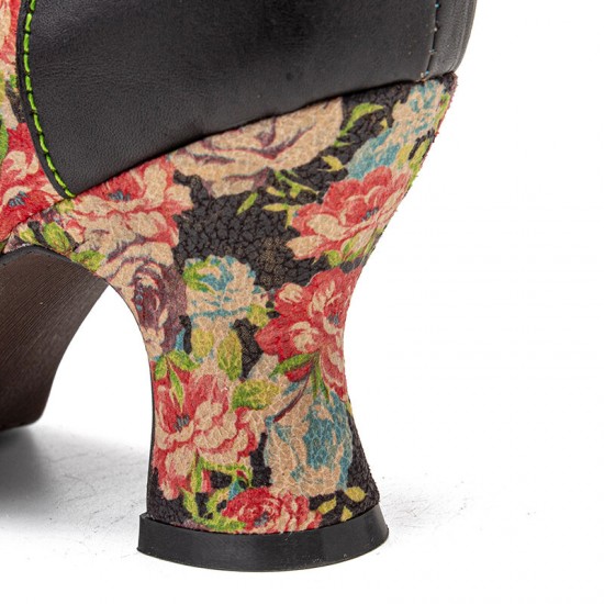 SOCOFY Women Elegant Graceful Little Flowers Printed Comfy Wearable Lace Up Stitching Chunky Heel Pumps SOCOFY Women Elegant Graceful Little Flowers Printed Comfy Wearable Lace Up Stitching Chunky Heel Pumps