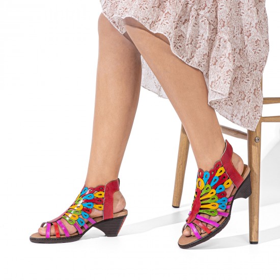 Genuine Leather Comfy Summer Vacation Bohemian Ethnic Colorblock Heeled Sandals Genuine Leather Comfy Summer Vacation Bohemian Ethnic Colorblock Heeled Sandals