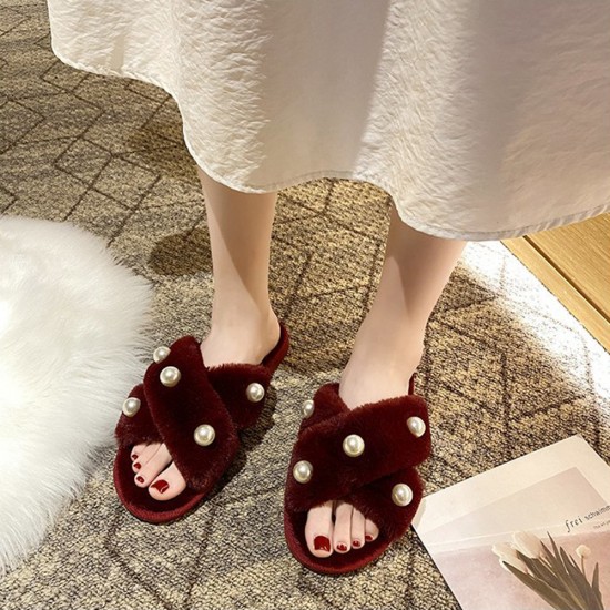 Women’s Pearl Inlay Warm Lined Casual Winter Plush Slippers Women’s Pearl Inlay Warm Lined Casual Winter Plush Slippers