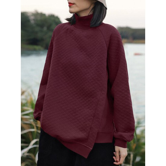 Women Rhombic Turtleneck Thic Full Sleeve Spliced Irregular Hem Pullover Sweatshirt Women Rhombic Turtleneck Thic Full Sleeve Spliced Irregular Hem Pullover Sweatshirt