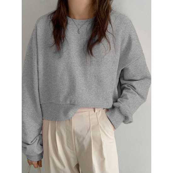 Women Long Sleeve Solid Round Necked Narrow Hem Pullover Sweatshirt Women Long Sleeve Solid Round Necked Narrow Hem Pullover Sweatshirt