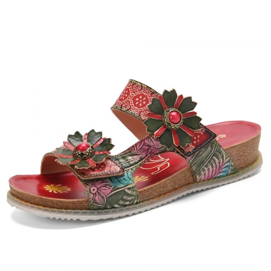 Genuine Leather Comfy Beach Vacation Bohemian Ethnic Floral Hook Loop Outdoor Wedges Sandals Genuine Leather Comfy Beach Vacation Bohemian Ethnic Floral Hook Loop Outdoor Wedges Sandals