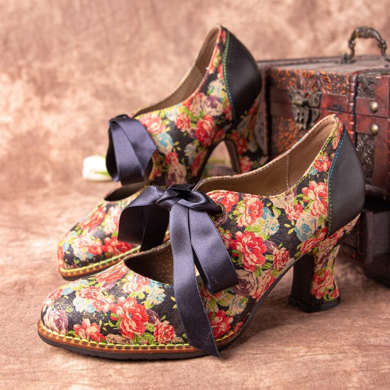 SOCOFY Women Elegant Graceful Little Flowers Printed Comfy Wearable Lace Up Stitching Chunky Heel Pumps SOCOFY Women Elegant Graceful Little Flowers Printed Comfy Wearable Lace Up Stitching Chunky Heel Pumps