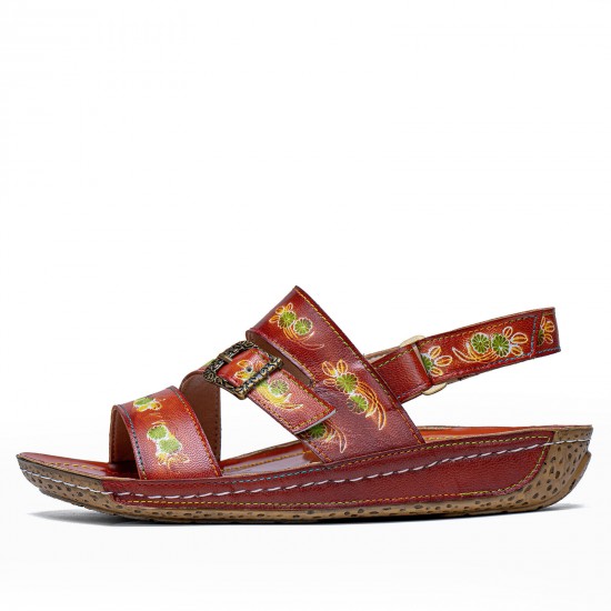 Comfy Leather Flowers Printed Retro Stripe Flat Sandals Comfy Leather Flowers Printed Retro Stripe Flat Sandals