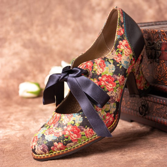 SOCOFY Women Elegant Graceful Little Flowers Printed Comfy Wearable Lace Up Stitching Chunky Heel Pumps SOCOFY Women Elegant Graceful Little Flowers Printed Comfy Wearable Lace Up Stitching Chunky Heel Pumps