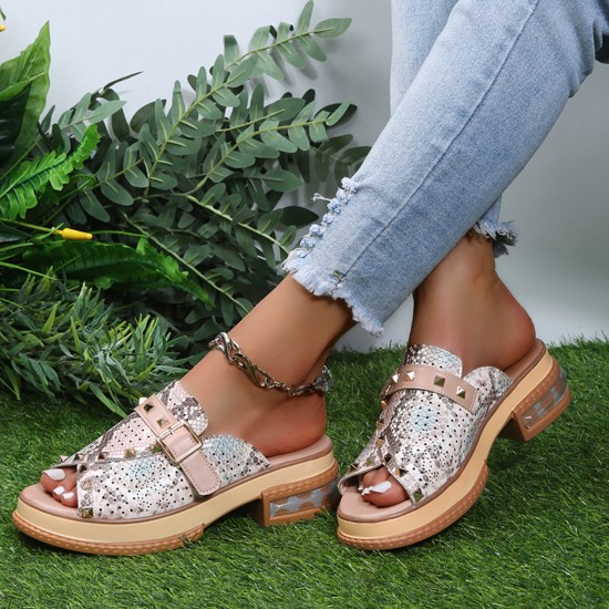 Plus Size Women Casual Fashion Rivet Buckle Decor Snake Skin Slippers Plus Size Women Casual Fashion Rivet Buckle Decor Snake Skin Slippers