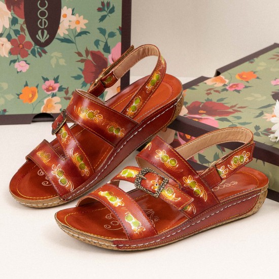 Comfy Leather Flowers Printed Retro Stripe Flat Sandals Comfy Leather Flowers Printed Retro Stripe Flat Sandals