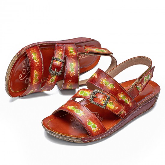 Comfy Leather Flowers Printed Retro Stripe Flat Sandals Comfy Leather Flowers Printed Retro Stripe Flat Sandals