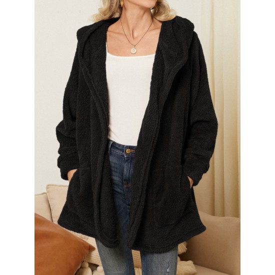 Women Plush Coat Open Front Side Pockets Casual Hooded Sweatshirt Women Plush Coat Open Front Side Pockets Casual Hooded Sweatshirt
