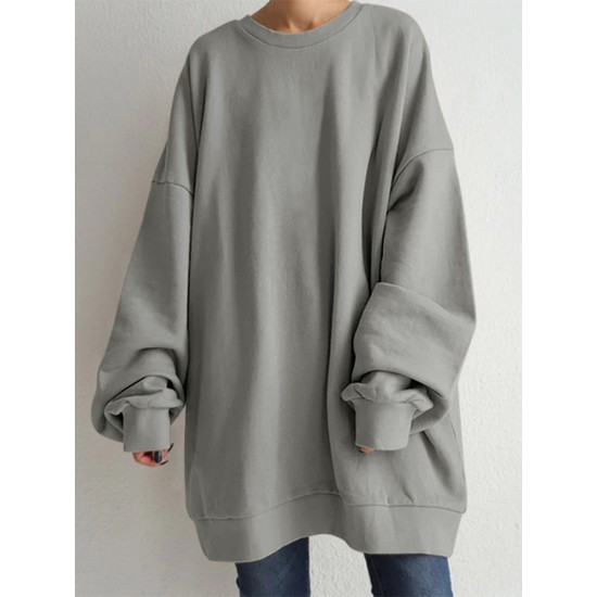 Women Puff Sleeve Crew Neck Solid Color Hem Long Sleeve Sweatshirts Women Puff Sleeve Crew Neck Solid Color Hem Long Sleeve Sweatshirts