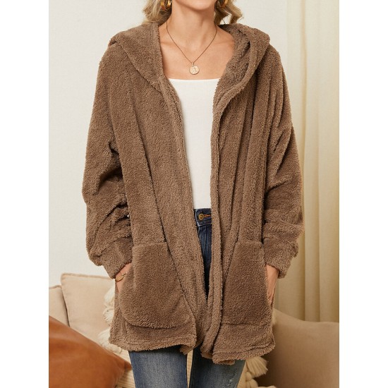 Women Plush Coat Open Front Side Pockets Casual Hooded Sweatshirt Women Plush Coat Open Front Side Pockets Casual Hooded Sweatshirt