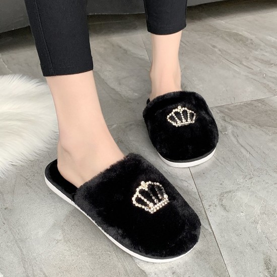 Women Casual Plush Warm Rhinestone Crown Decor Winter Indoor Slippers Women Casual Plush Warm Rhinestone Crown Decor Winter Indoor Slippers