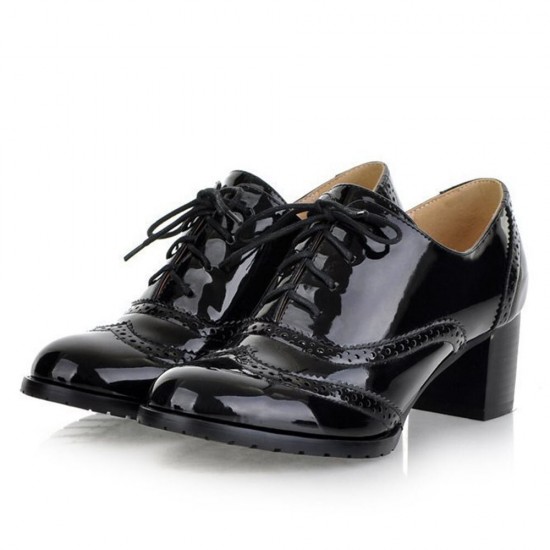 Large Size Women Lace up Comfy Retro Glossy Oxfords Heels Large Size Women Lace up Comfy Retro Glossy Oxfords Heels