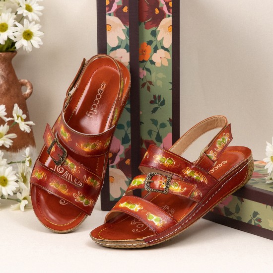 Comfy Leather Flowers Printed Retro Stripe Flat Sandals Comfy Leather Flowers Printed Retro Stripe Flat Sandals