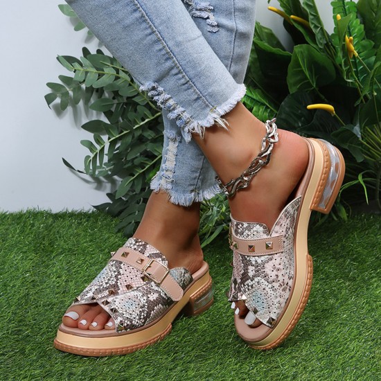 Plus Size Women Casual Fashion Rivet Buckle Decor Snake Skin Slippers Plus Size Women Casual Fashion Rivet Buckle Decor Snake Skin Slippers