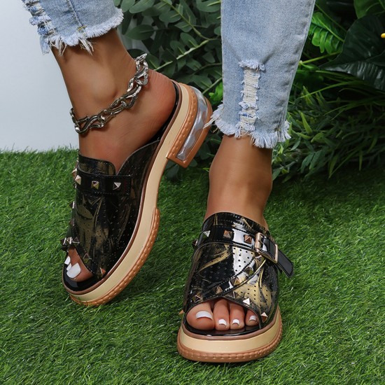 Plus Size Women Casual Fashion Rivet Buckle Decor Snake Skin Slippers Plus Size Women Casual Fashion Rivet Buckle Decor Snake Skin Slippers