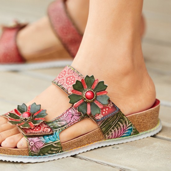Genuine Leather Comfy Beach Vacation Bohemian Ethnic Floral Hook Loop Outdoor Wedges Sandals Genuine Leather Comfy Beach Vacation Bohemian Ethnic Floral Hook Loop Outdoor Wedges Sandals