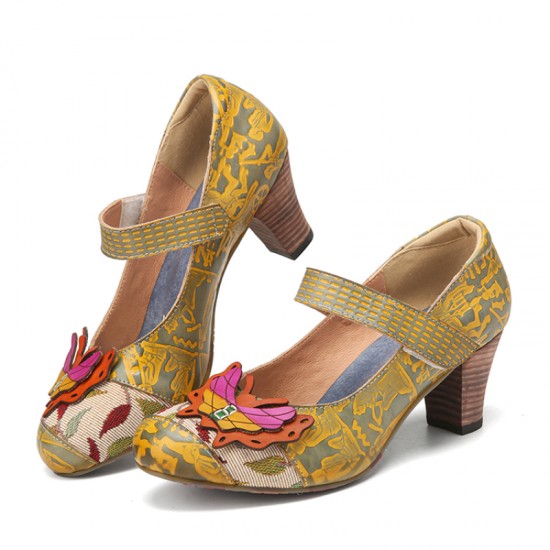 SOCOFY Butterfly Deocr Printed Cowhide Leather Hook Loop Comfy Wearable Chunky Heel Pumps SOCOFY Butterfly Deocr Printed Cowhide Leather Hook Loop Comfy Wearable Chunky Heel Pumps