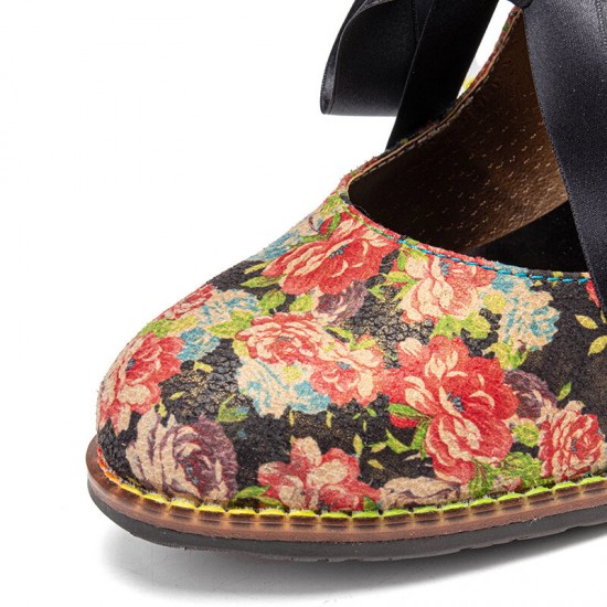 SOCOFY Women Elegant Graceful Little Flowers Printed Comfy Wearable Lace Up Stitching Chunky Heel Pumps SOCOFY Women Elegant Graceful Little Flowers Printed Comfy Wearable Lace Up Stitching Chunky Heel Pumps