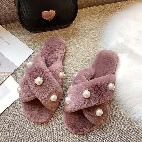 Women’s Pearl Inlay Warm Lined Casual Winter Plush Slippers Women’s Pearl Inlay Warm Lined Casual Winter Plush Slippers