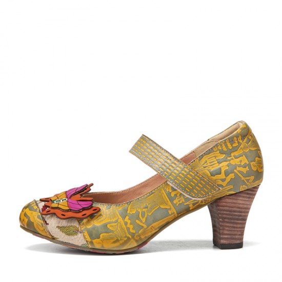SOCOFY Butterfly Deocr Printed Cowhide Leather Hook Loop Comfy Wearable Chunky Heel Pumps SOCOFY Butterfly Deocr Printed Cowhide Leather Hook Loop Comfy Wearable Chunky Heel Pumps