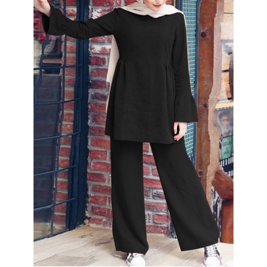 Women Solid Color Ruffle Hem Long Sleeve Top Loose Pants Casual Two Piece Sets Women Solid Color Ruffle Hem Long Sleeve Top Loose Pants Casual Two Piece Sets