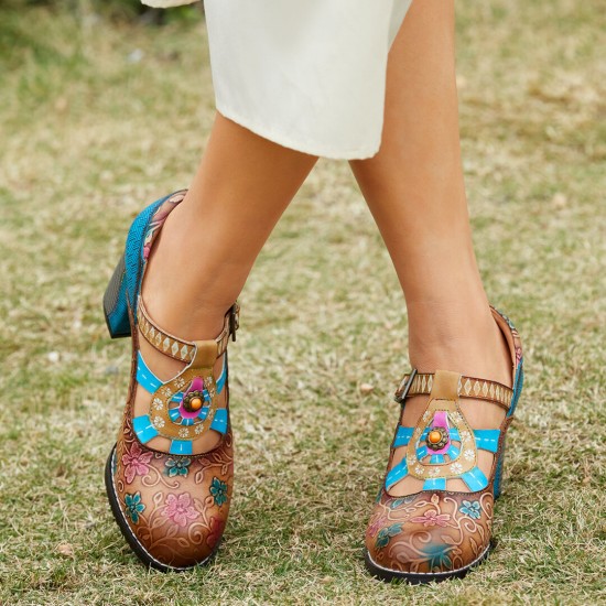 Genuine Leather Bohemian Ethnic Style Buckle Comfy Floral T strap Heels Genuine Leather Bohemian Ethnic Style Buckle Comfy Floral T strap Heels