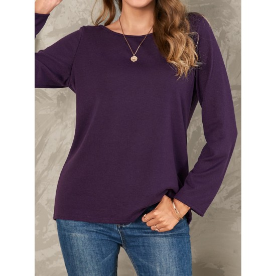 Women Solid Color Basic Designed Pleats Round Neck Long Sleeve Casual Blouses Women Solid Color Basic Designed Pleats Round Neck Long Sleeve Casual Blouses