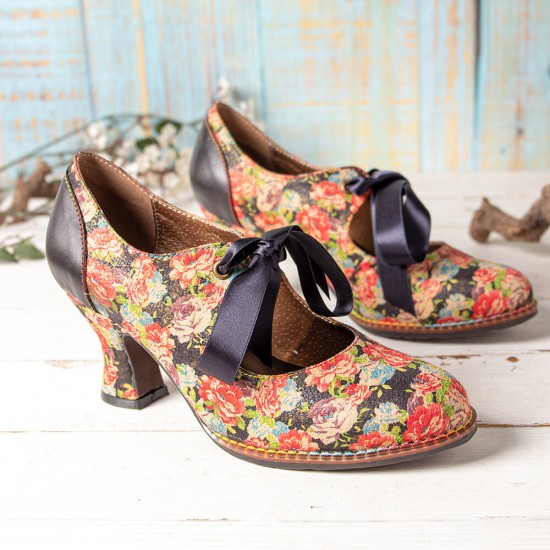 SOCOFY Women Elegant Graceful Little Flowers Printed Comfy Wearable Lace Up Stitching Chunky Heel Pumps SOCOFY Women Elegant Graceful Little Flowers Printed Comfy Wearable Lace Up Stitching Chunky Heel Pumps