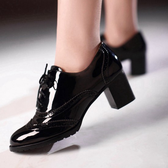 Large Size Women Lace up Comfy Retro Glossy Oxfords Heels Large Size Women Lace up Comfy Retro Glossy Oxfords Heels