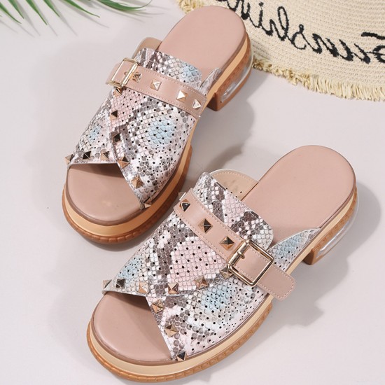 Plus Size Women Casual Fashion Rivet Buckle Decor Snake Skin Slippers Plus Size Women Casual Fashion Rivet Buckle Decor Snake Skin Slippers