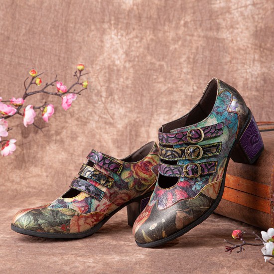Women Retro Floral Printing Leather Comfy Hook Loop Round Toe Soft Chunky Heels Women Retro Floral Printing Leather Comfy Hook Loop Round Toe Soft Chunky Heels