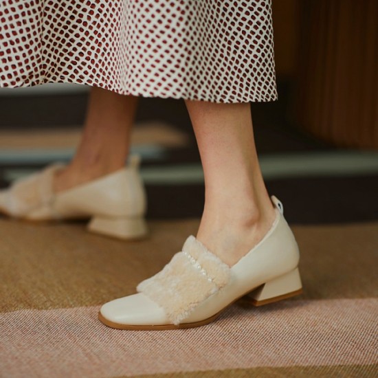 Women Square Toe Fashion Rhinestone Casual Plush Warm Chunky Heels Pumps Women Square Toe Fashion Rhinestone Casual Plush Warm Chunky Heels Pumps