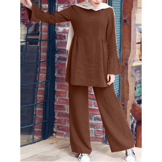 Women Solid Color Ruffle Hem Long Sleeve Top Loose Pants Casual Two Piece Sets Women Solid Color Ruffle Hem Long Sleeve Top Loose Pants Casual Two Piece Sets