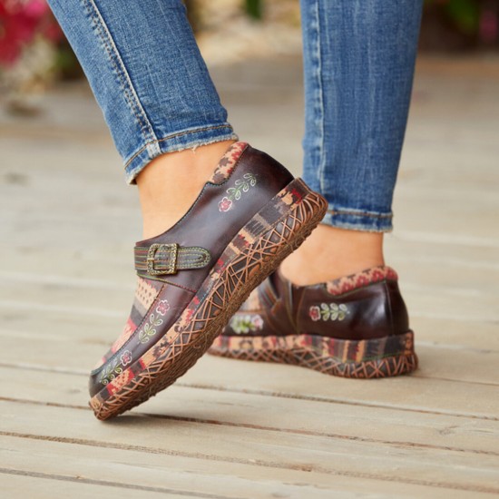 Genuine Leather Handmade Patchwork Comfy Retro Ethnic Pattern Flat Shoes Genuine Leather Handmade Patchwork Comfy Retro Ethnic Pattern Flat Shoes