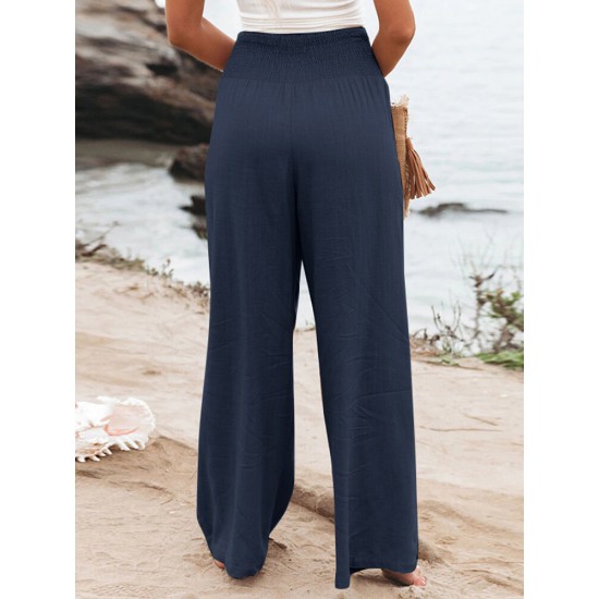 Leisure Solid Shirring Pocket Wide Leg Cotton Pants Leisure Solid Shirring Pocket Wide Leg Cotton Pants