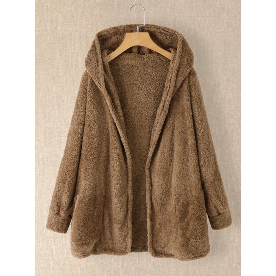 Women Plush Coat Open Front Side Pockets Casual Hooded Sweatshirt Women Plush Coat Open Front Side Pockets Casual Hooded Sweatshirt