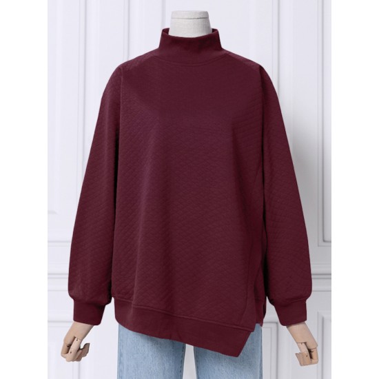Women Rhombic Turtleneck Thic Full Sleeve Spliced Irregular Hem Pullover Sweatshirt Women Rhombic Turtleneck Thic Full Sleeve Spliced Irregular Hem Pullover Sweatshirt