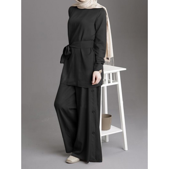 Women Solid Color Belted Blouse Button Loose Pants Two Piece Casual Set Women Solid Color Belted Blouse Button Loose Pants Two Piece Casual Set